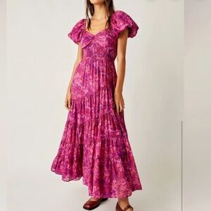 Free People Fuchsia Pink Floral Tiered Maxi Dress
